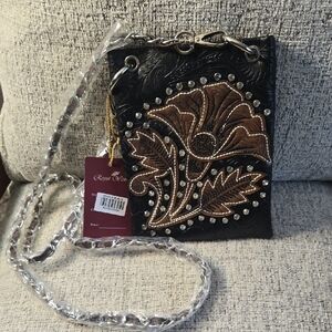 Royal West Elegant Black and Brown Floral Crossbody Bag 5.50" X 7.50"